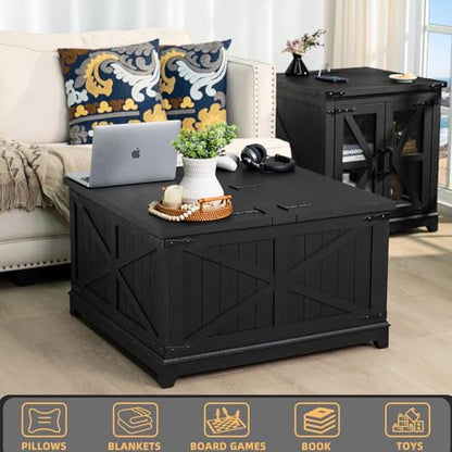 Joaxswe Farmhouse Coffee Table with Hidden Storage Organizer, Black Square Large Center Table, Wood Farm House Low Modern Living Room Tables with Hinged Lift Top for Home, Office - color: Black, style: With Legs