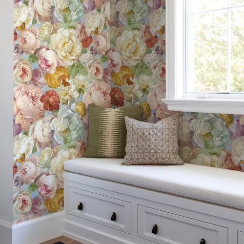 Simon&Siff Floral Wallpaper Peel and Stick Blooming Flowers Contact Paper Vintage Floral Wall Paper Self Adhesive Removable Wallpaper for Walls Bedroom Cabinet Table 17.3in x 6.6ft - color: Colorful, size: 17.3" x 80"