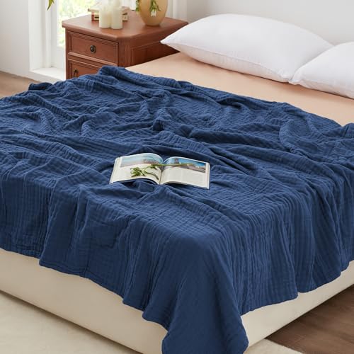 Love's cabin 100% Cotton Muslin Blanket, 6 Layer Lightweight Breathable Gauze King Size Blanket 108 x 90 Inches, Soft Summer Blanket for Bed, Dark Blue - color: Dark Blue, size: King(108"x90")