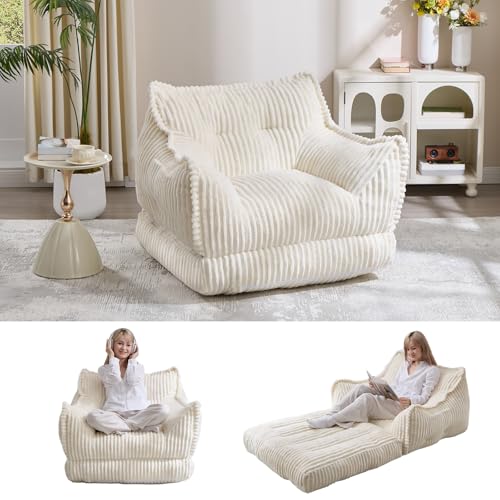 2 in 1 Folding Sofa Bed, Beige | Convertible Sleeper Sofa to Lounger Comfy Bean Bag Chair for Adults, Corduroy Floor Couch Bed with Handle for Living Room - color: Beige