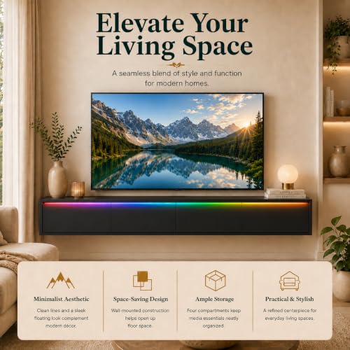 Black Floating TV Stand Wall Mounted, 72.8" Media Console | Fits Up to 80* TV, Black finish, midcentury modern tv stand. - color: Black-c