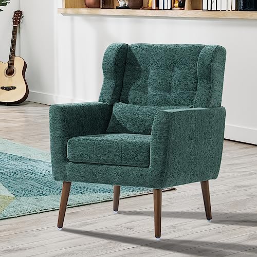 Modern Accent Chair, Upholstered Armchair with Pillow, Fabric Single Sofa Chair with Lounge Seat and Wood Legs Accent Chair for Living Room Bedroom Small Spaces (Blackish Green) - color: Blackish Green, size: Set of 1