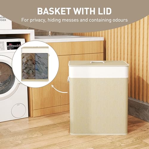 HOMCOM Double Laundry Basket with Lid 26.4 Gallon Bamboo Hamper Natural | Rope Handles, Clothes Hamper, Removable Liner, Bathroom, Bedroom - color: Natural