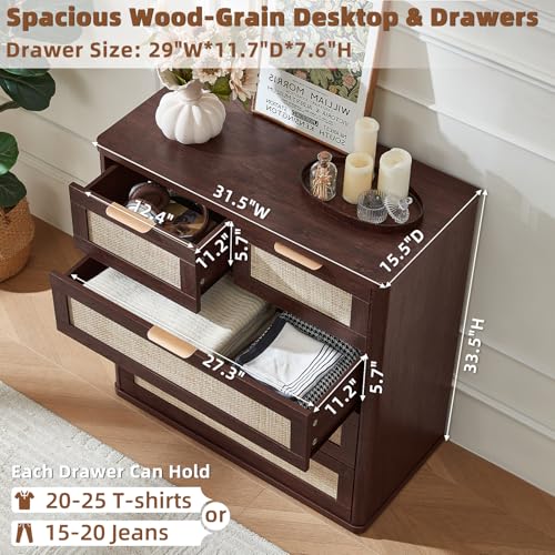 LEYAOYAO Rattan Dresser for Bedroom, 33.5" Tall Chest of Drawers, Modern 5 Drawers Boho Dressers with Storage, Vintage Brown Dresser Wooden Closet Organizer for Living Room, Hallway - color: Retro Walnut, size: 15.5"D x 31.5"W x 33.5"H (5 Drawers)