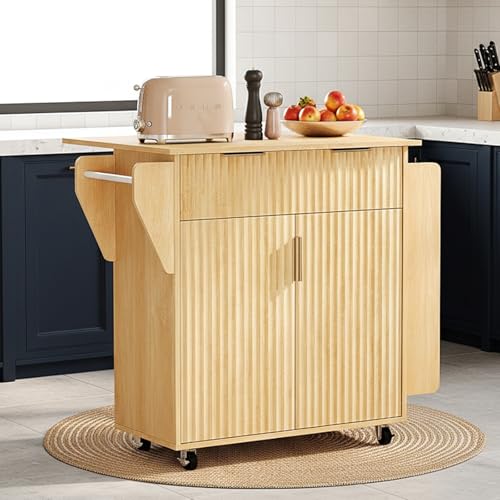 VINGLI Kitchen Island Cart with Storage, Rolling Kitchen Cart on Wheels with Foldable Drop Leaf, 15.35 x 31.15 x 34.45 Inches, Rubber Wood Top, Drawer and Door Cabinet, Oak