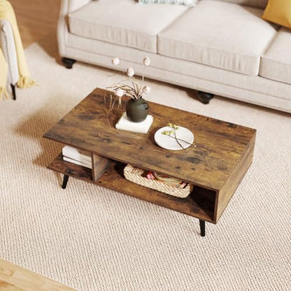 GOFLAME Wood Coffee Table, 2-Tier Mid Century Modern Center Table with 2 Open Storage Compartments & Metal Legs, Rectangular Accent Tea Tables for Living Room, Home Office, Apartment, Rustic Brown - color: Rustic Brown