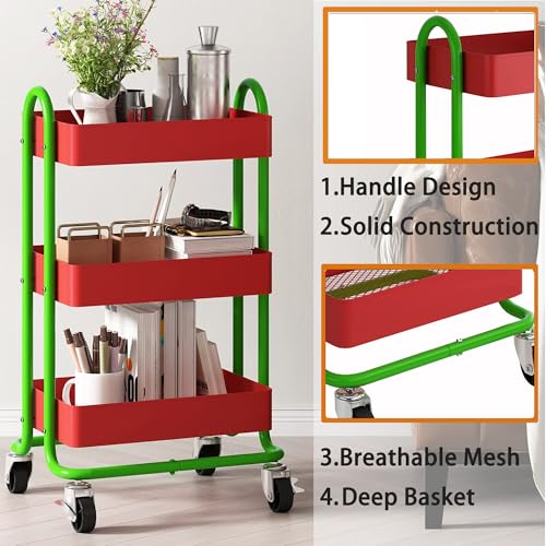 Metal Rolling Cart,3-Tier Metal Rolling Cart with Wheels,3 Tier Utility Cart with Wheels for Office,Home,Kitchen,Garden（13.4"x18.1"x31"） Red+Green - color: Red+green, size: 31"H