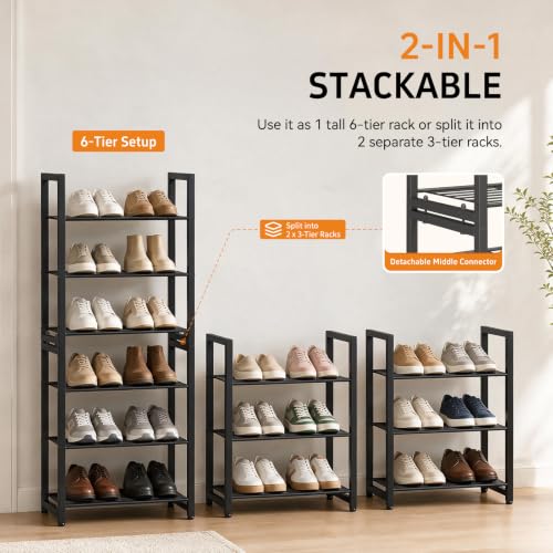 6 Tier Shoe Rack, Stackable Metal Organizer with Adjustable Feet, 2-in-1 Shoe Shelf Holds 12 Pairs, Perfect for Entryway Garage Closet, Black - size: 6 Tier