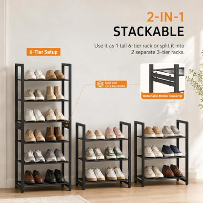 6 Tier Shoe Rack, Stackable Metal Organizer with Adjustable Feet, 2-in-1 Shoe Shelf Holds 12 Pairs, Perfect for Entryway Garage Closet, Black - size: 6 Tier