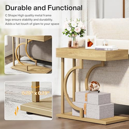 Tribesigns Narrow Side Table C Shaped End Table Modern Bedside Tables for Couch, Small Sofa Chairside Tables with Metal Frame for Living Room (2, Natural+Wood Tones) - color: Natural+wood Tones