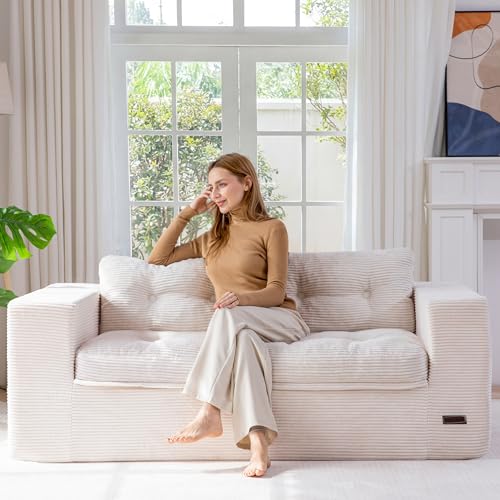 MAXYOYO 63" Boneless Sofa Couch, 2-Seater Cloud Couch Floor Loveseat for Small Space with Pillows, Tufted Floor Sofa with Layered Cushion for Apartment & Lounge, No Assembly Required, Beige - color: Puffinest Style Beige, size: 63" Loveseat