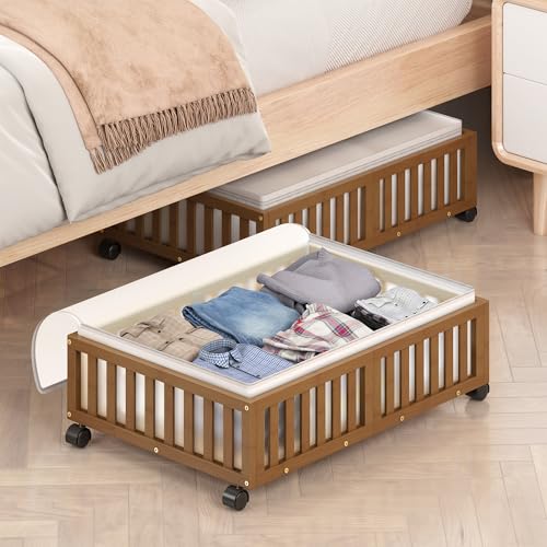MHXW SXPN 2 Pack Bamboo Under Bed Storage Containers with Wheels, Brown | Underbed Drawer Storage with Bag, Wood Rolling Underbed Organizer for Shoes, Sheets Clothes Blanket Comforter, Under Crib Toy - color: Brown, size: 2 PCS (23.62"×16.54")