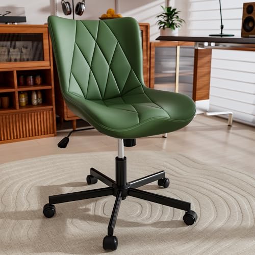 Armless Desk Chair, Morden Home Office Chair no Arms, Adjustable Height & Rocking Computer Chair, PU Leather Vanity Chair, Ergonomic Seat Soft Padded Desk Chairs for Home Small Space, Green - color: Olive Green