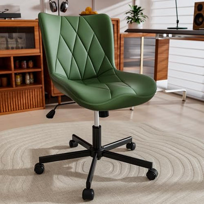 Armless Desk Chair, Morden Home Office Chair no Arms, Adjustable Height & Rocking Computer Chair, PU Leather Vanity Chair, Ergonomic Seat Soft Padded Desk Chairs for Home Small Space, Green - color: Olive Green