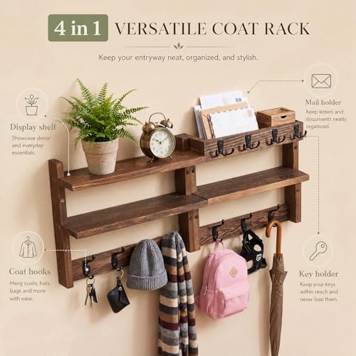 28" Coat Rack Wall Mount with Shelf 4 in 1 Two Tier Wall Shelf Coat and Key Hanger with 11 Hooks Entryway Key Holder with Mail Holder for Hallway Entryway Bathroom Mudroom Bedroom, Rustic Brown
