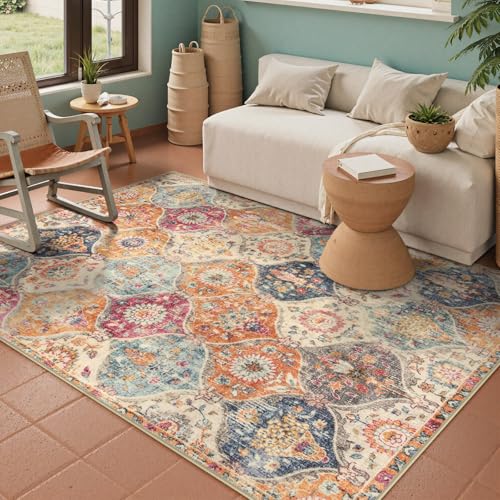 Lahome Moroccan Trellis Washable Small Area Rug, 3x5 Area Rug for Bedroom Living Room, Non-Slip Oriental Accent Throw Carpet for Kitchen Office Entryway Bathroom Office Elise, Cream/Multi - color: Burnt Orange/Teal Multi, size: 3' X 5' (Rectangular)