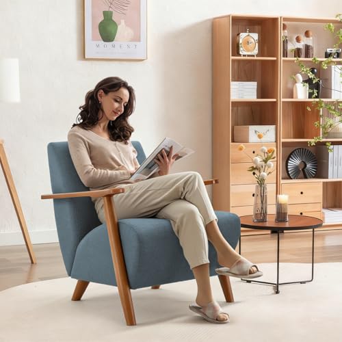 Home Accent Chair Mid Century Modern Accent Chair with Wood Frame, Linen Material Lounge Upholstered Armchair, Reading Chair, For Living Room, Bedroom,Office,Comfy Guest Waiting Room Chairs Blue - color: Blue, size: Linen