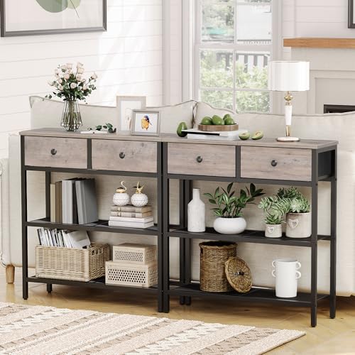 HOOBRO 29.5" Narrow Console Table with 2 Fabric Drawers, Sofa Table, Small Entryway Table with 3-Tier Storage Shelves, Behind Couch Table, for Living Room, Hallway, Greige and Black BG72XG01 - color: Greige + Black