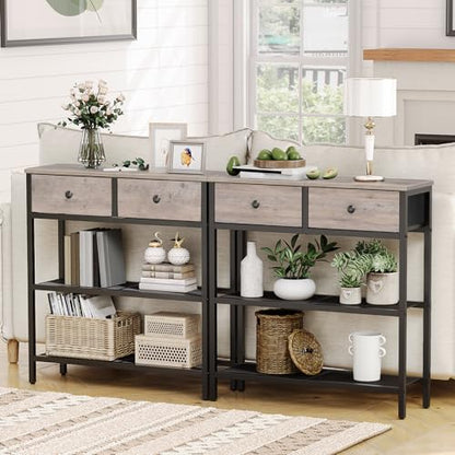HOOBRO 29.5" Narrow Console Table with 2 Fabric Drawers, Sofa Table, Small Entryway Table with 3-Tier Storage Shelves, Behind Couch Table, for Living Room, Hallway, Greige and Black BG72XG01 - color: Greige + Black