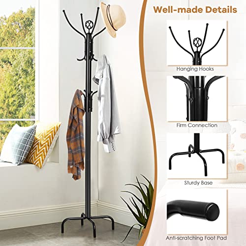 Tangkula Coat Rack Freestanding, 78 Inch Heavy Duty Metal Coat Tree, Free Standing Entryway Hat Coat Jacket Umbrella Holder, Clothes Hanger with Base Coat Rack Stand Black