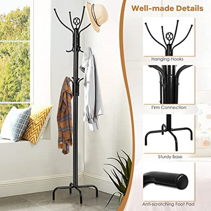 Tangkula Coat Rack Freestanding, 78 Inch Heavy Duty Metal Coat Tree, Free Standing Entryway Hat Coat Jacket Umbrella Holder, Clothes Hanger with Base Coat Rack Stand Black