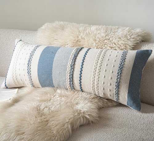 Cethom Boho Lumbar Pillow Covers 14x36 Inch Long, Blue Textured Decorative Couch Pillow Cases for Farmhouse Home Decor, Accent Cushion Cover for Sofa, Bed, Living Room, Bedroom, Pack of 1 - color: Blue, size: 36" x 14" (Pack of 1)