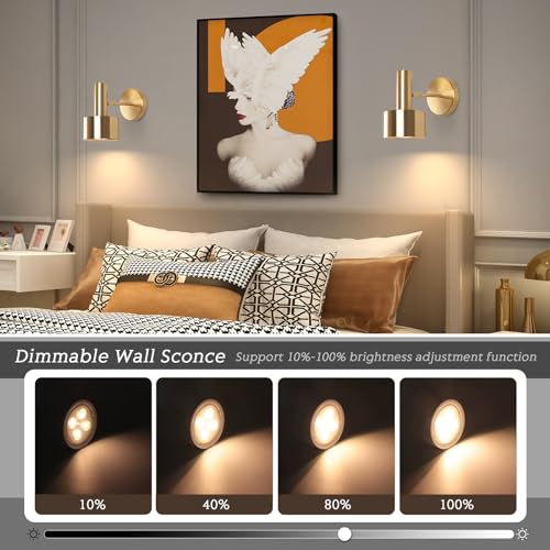 KELUOLY Battery Operated Wall Lights Set of 2, Wireless Battery Powered Wall Sconce, Modern Metal Indoor Wall Lamp, Dimmable with Remote, Suitable for Living Room Bedroom Golden-Like Brass Finish - color: Gold