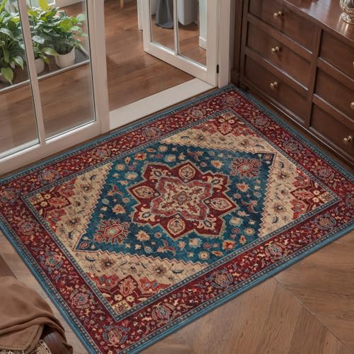 Tangsoo Oriental 2x3 Washable Rugs for Entryway Non Slip Small Rug Red Blue | Vintage Indoor Front Door Rug Mat, Boho Soft Low Pile Small Carpet, Accent Throw Rugs for Entry Entrance Kitchen Bedroom - color: Red/Blue, size: 2' X 3' (Rectangular)