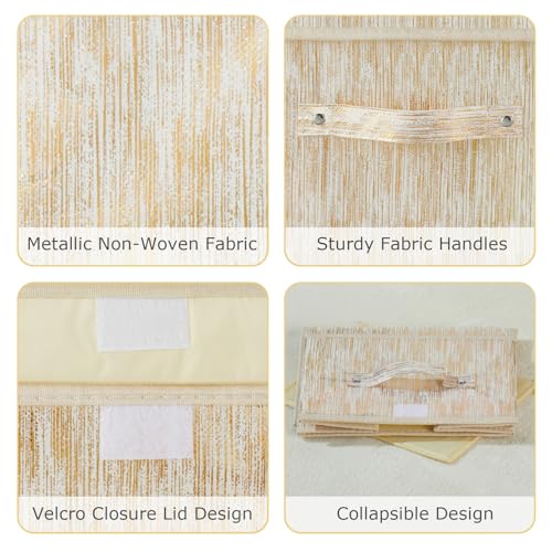 2PCS Storage Boxes with Lids Luxury Metallic Fabric Bins Baskets | Decorative Collapsible Stackable, Clothes Container Organizer with Handles for Shelf Closet Home Bedroom Office, Gold, Small - size: Small (Set of 2)