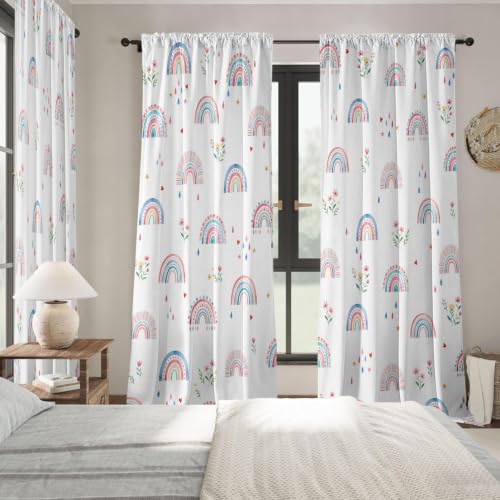 Rainbow Curtains for Living Room 84 Inches Long Boho Colorful Love Hearts Floral Rainbow Curtains Light Filtering Semi Sheer Privacy Drapes for Girls Bedroom,52" W,2 Panels - color: Rainbow, size: 52"W x 84"L (Pack of 2)