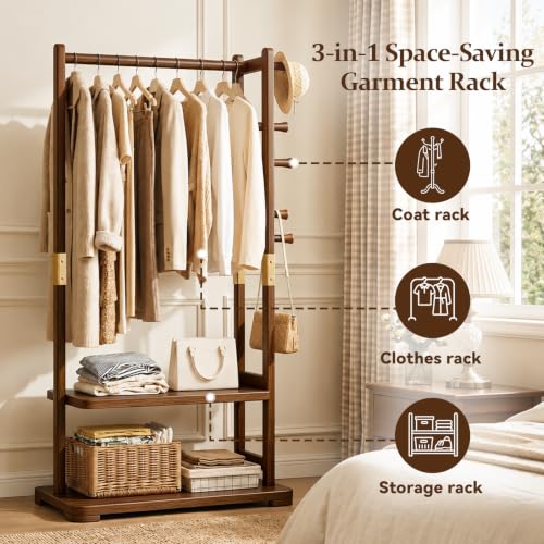 Coat Rack Solid Wood Hall Tree Storage 2 Shelves 5 Hooks | Entryway hallway bedroom, durable solid wood construction, freestanding storage design, coats hats bags wallets - size: Walnut - L:26''D x 14.2 ''Wx 64.6 ''H(No Wheels)