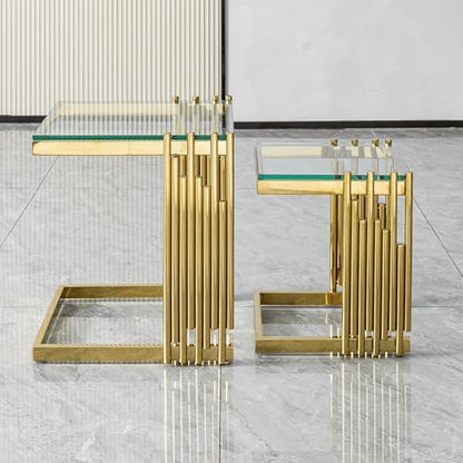 2-Piece Tempered Glass Coffee Table Set, Modern Nesting Tables with Gold Stainless Steel Frame, Space-Saving Accent End Tables for Living Room, Gold+Glass