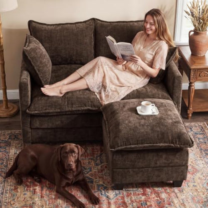 50" Love Seat with Ottoman, Small L Shape Cloud Sofa Couch, 2-Layer Cushion & 27" Deep Seat, 2 Pillows for Small Spaces, Bedroom, Apartment, Office, Living Room, Brown - color: Brown, size: Loveseat with Ottoman