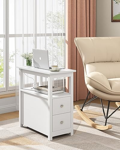End Table with Charging Station, Side Table with 2 Drawer & USB Ports & Power Outlets, Nightstand for Small Spaces, Bedside Tables for Living Room White - color: White