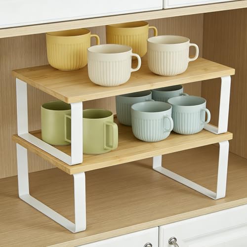 diatomiteco 2 Pack Mug Organizer for Cabinet, Expandable and Stackable Cabinet Organizer Rack, Mug Display Shelf, Multi-Functional Mug Storage, Pantry Organizers Made of Metal and Engineered Wood