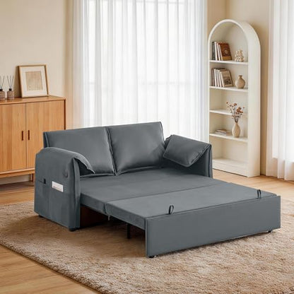 63" 3-in-1 Velvet Convertible Sleeper Sofa Bed, Modern Adjustable Backrest Loveseat Pull Out Couch with USB & Side Pocket, Small Space Love Seat Sofa Bed for Living Room, Bedroom, Grey Velvet - color: Grey