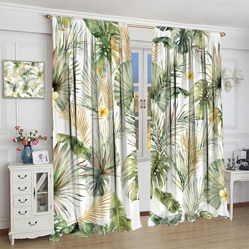 Tropical Leaves Curtains, Green Gold Palm Tree Leaf Banana Monstera Jungle Plant Hawaii Botanical Nature Window Treatments Drapes for Bedroom Living Room Apartment 42" W X 45" L(No Blackout) - color: Flamingo-9, size: 20.5"W x 45"L (Pack of 2)