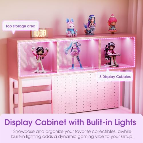 AODK 53" L Shaped Gaming Desk with Pegboard, Hutch & 4 Drawers, Pink - color: Carbon Fiber Pink