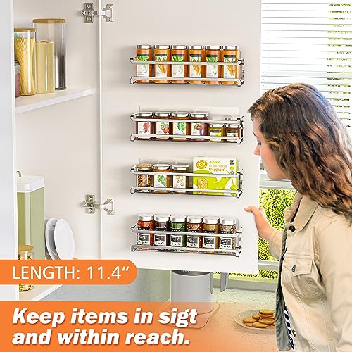 Bunoxea Spice Rack Wall Mounted 4 Pack, Chrome,For Spice Jars & Seasonings | 4 Removalble Hooks,Screw or Adhesive Hanging, Space-Saving,For Kitchen Cabinet, Pantry Door,Stove,RV Use,11.41x2.75x2.75in - color: Silver, size: 4Pack