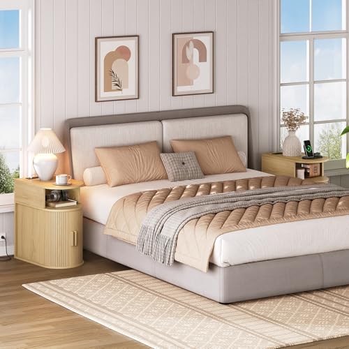 Narrow End Table with Charging Station, Fluted Sofa Side Table with Sliding Curved Door and Storage Shelf, Mid-Century Bedside Table, Modern Nightstand for Living Room, Bedroom, Natural - color: Natural
