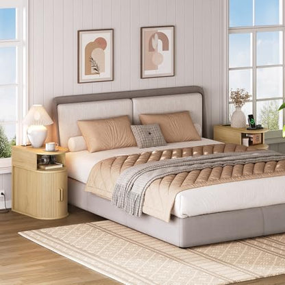 Narrow End Table with Charging Station, Fluted Sofa Side Table with Sliding Curved Door and Storage Shelf, Mid-Century Bedside Table, Modern Nightstand for Living Room, Bedroom, Natural - color: Natural
