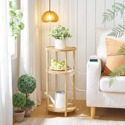 HOOBRO Small Round Side Table with Charging Station, 3-Tier Round Bamboo End Table, Compact Sofa Bedside Table for Small Space, Easy Assembly, for Living Room, Bedroom, Apartment, Natural YL152UBZ01 - color: Natural