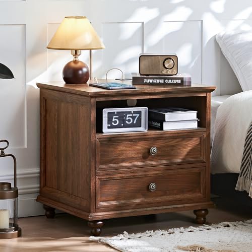 Joaxswe 24" Wide Farmhouse Nightstand with Charging Station, End Table with 2 Drawers, Brown Wood Dresser for Bedroom Cabinet, Bed Side Table Chest of Drawers, Night Stand for Living Room, Closet - color: Brown, size: 24"W (2 Drawers)