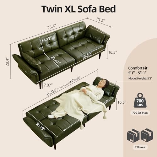 HALLYBEE 85" Futon Faux Leather Couch with Adjustable Armrests Olive Green | Futon Sofa Bed, Sleeper Sofa, Small Couch with Pillows, Side Pockets, Mid Century Modern, Living Room, Bedroom, Apartment - color: Olive Green