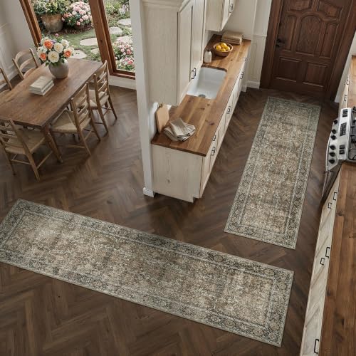 Brown Kitchen Rug Set 2 Piece 2x6+2x10 Vintage Distressed | Washable, Non Slip, Low Pile, Floor Mats for Entryway, Kitchen, Bathroom, Laundry Room, Farmhouse Decor - color: Accent Brown, size: 2'x6'+2'x10'