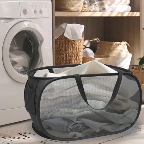 Collapsible Laundry Hamper Basket,Pop Up Mesh Foldable Bag for Laundry Room | folding horizontal laundry durable baskets with handles & side pocket travel for bathroom,Kids room,college dorm(Black) - color: Black