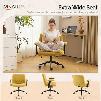 VINGLI Criss Cross Chair with Adjustable Flip-Up Arms,Cross Legged Chair with Wheels,Extra Wide Office Chair,Desk Chair for Home Office,Vanity,Bedroom, Apartment,Starry Chenille,Pale Yellow - color: Pale Yellow