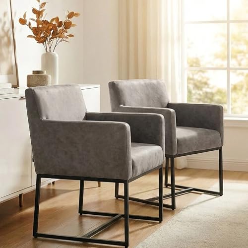 Faux Leather Upholstered Dining Chairs with Arms Set of 2, Mid Century Modern Padded Kitchen Chair with Black Metal Frame for Restaurant, Dining Room, Grey - color: Grey