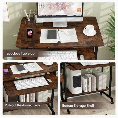Tangkula Rolling Computer Desk Cart with Keyboard Tray, Mobile Portable Laptop PC Desk with CPU Stand & 3 Hooks for Sofa & Bed, Industrial Small Desk on Wheels for Small Spaces, Home Office Desk - color: Rustic Brown