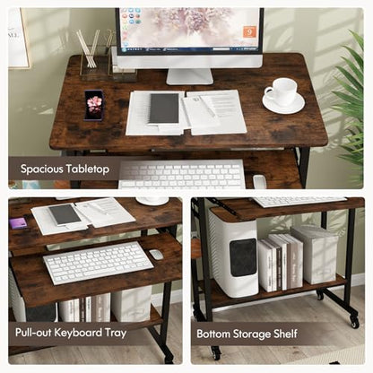 Tangkula Rolling Computer Desk Cart with Keyboard Tray, Mobile Portable Laptop PC Desk with CPU Stand & 3 Hooks for Sofa & Bed, Industrial Small Desk on Wheels for Small Spaces, Home Office Desk - color: Rustic Brown